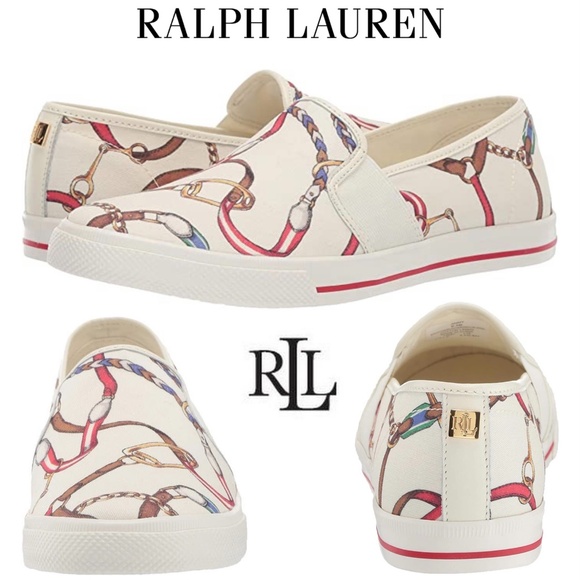 Ralph Lauren Jinny Canvas Sneaker Loafer Fashion Gold Logo White Red Blue Shoes - Picture 1 of 13